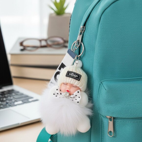Cute Baby Sleeping Keychain with LOVE tag, Plush rabbit fur, Bag Charm - Picture 7 of 7